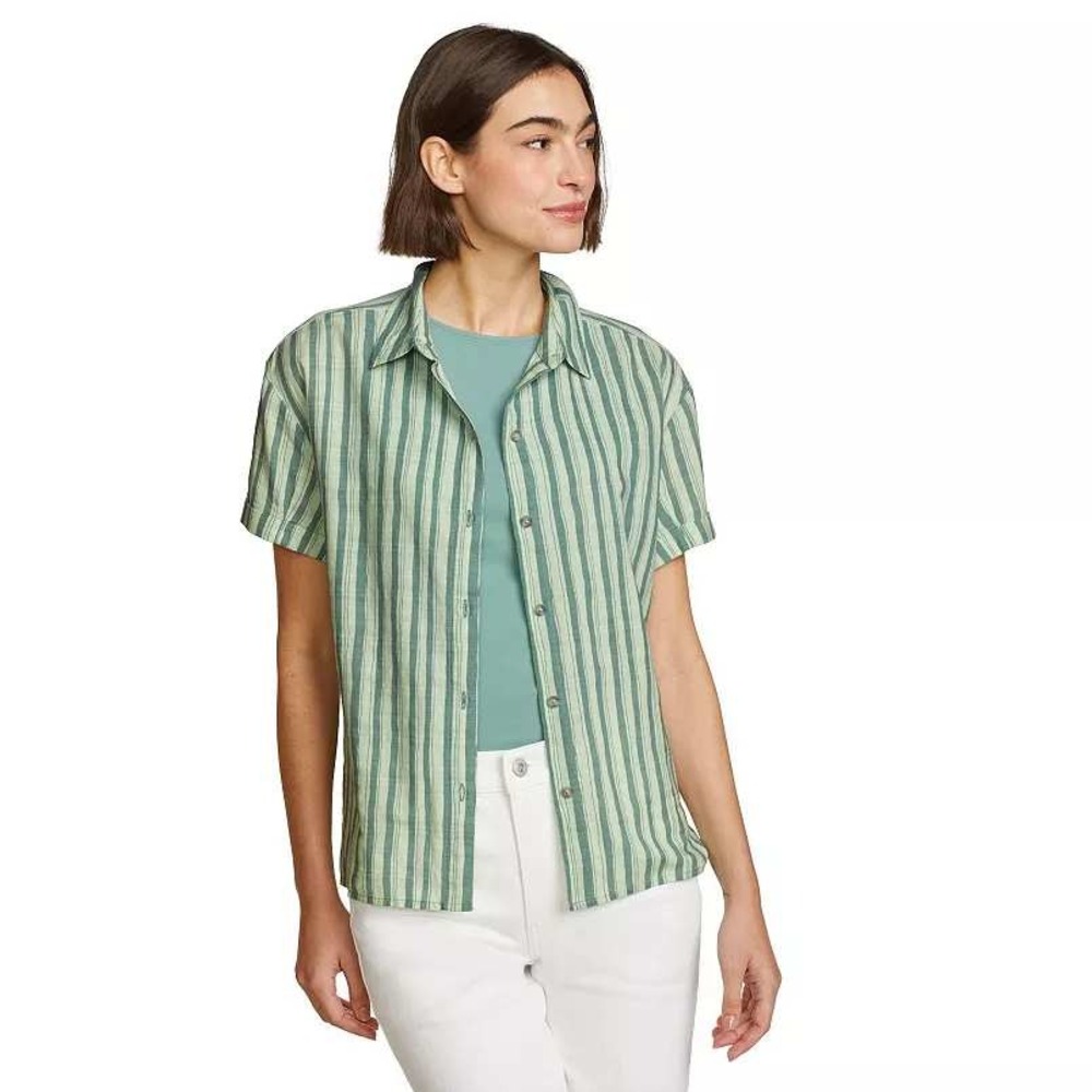 Eddie‎ Bauer Baja Shirt Womens 2XL Seagreen Striped Cotton Viscose Short Sleeve